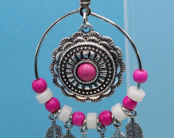 Mini Concho Hoop Chandelier Earrings; Pink Hoop Earrings with Feathers; Round Hoop Pink and White Earrings; Southwestern Style Hoop Earrings