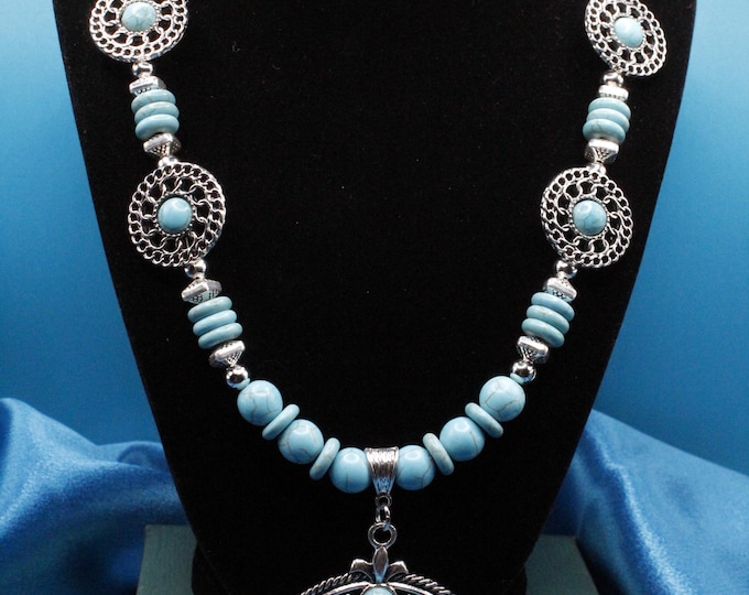 Squash Blossom Western Pendant Set; Large Squash Blossom Howlite Pendant with Bead Strand; Western Squash Blossom Howlite Pendant Set;