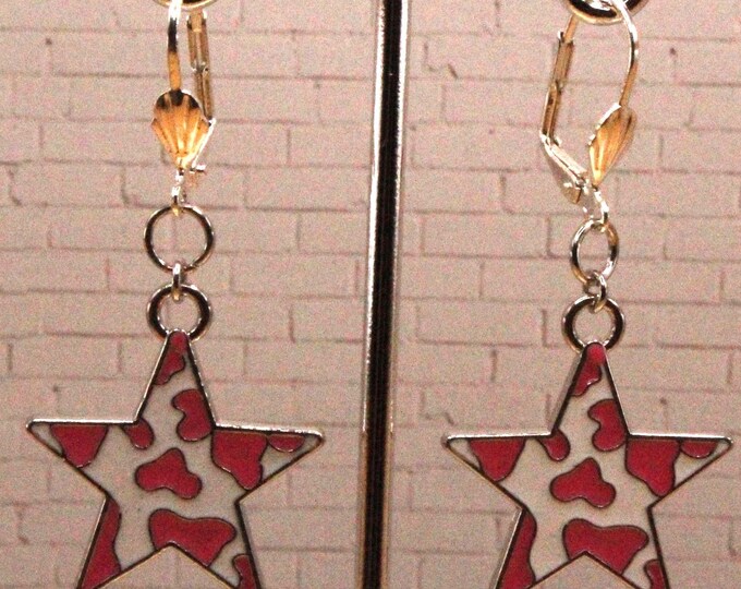 Pink and White Star Earrings; Pink and White Cow Print Star Earrings; Cowgirl Star Earrings; Cow Hide Pattern Star Earrings