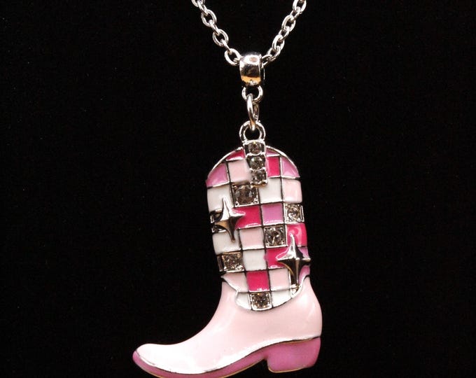 Cowgirl Boot Pendant Necklace; Pink and Silver Western Cowgirl Necklace; Pink Cowgirl Boot Pendant Necklace;
