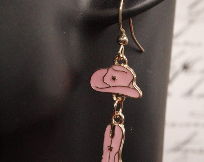 Pink and Gold Dangle Western Earrings; Cowgirl Pink Hat and Boots Earrings; Cowgirl Boots and Hat Pink with Gold Accents Earrings