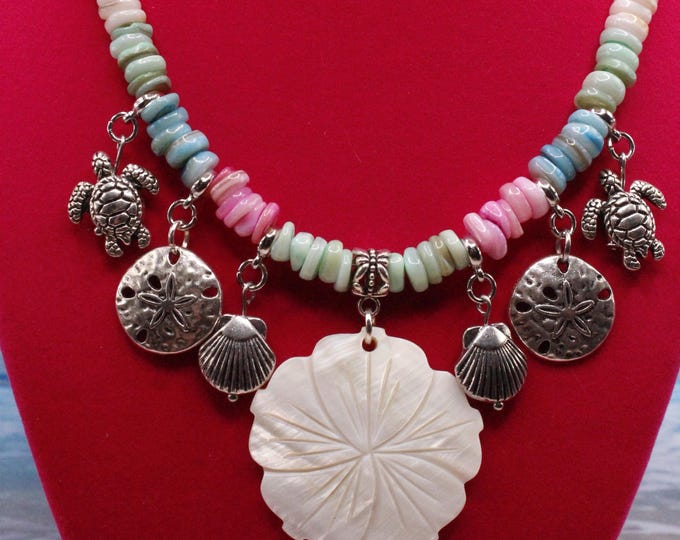Mother of Pearl Hibiscus Necklace with Shell Beads, Turtle, Sand Dollar – Summer Beach Jewelry