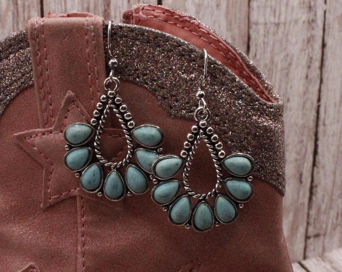Squash Blossom Earrings; Blue Squash Blossom Western Style Earrings; Southwestern Style Earrings; Teardrop Squash Blossom Earrings