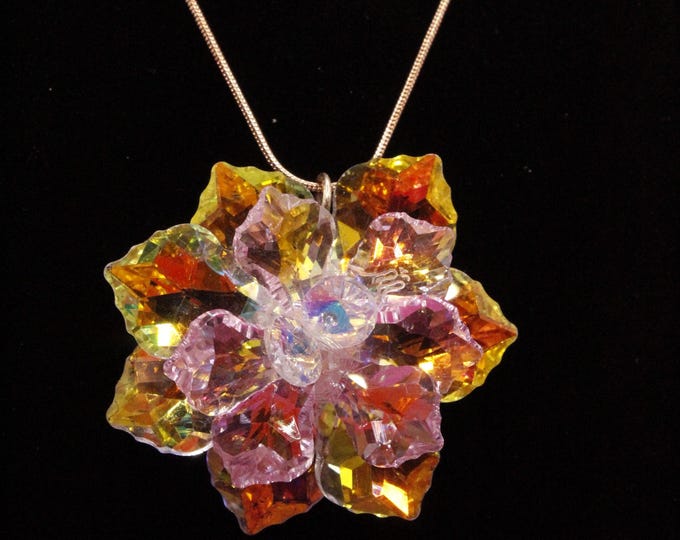Flower Pendant Necklace; Crystal Flower Pendant Necklace; Flower Crystal Pendant