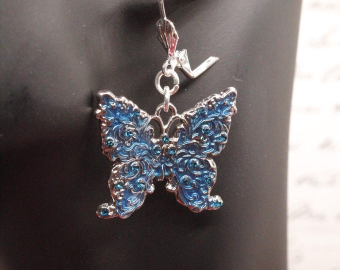 Rhinestone Butterfly Earrings; Blue Butterfly Rhinestone Earrings; Dangling Rhinestone Butterfly Earrings