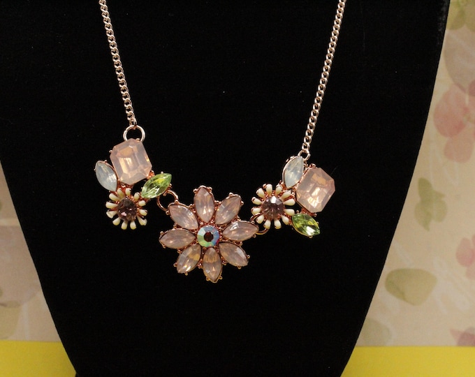 Daisy Rose Gold Necklace; Rhinestone Pink and Rose Gold Pendant; Rose Gold Flower Center Necklace