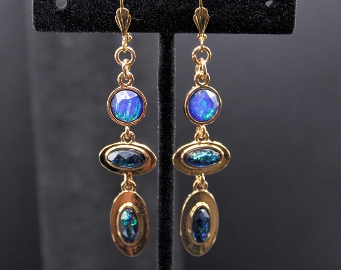 Round and Oval Iridescent Color Earrings; Blue and Green Iridescent Earrings; Harlequin Opal Iridescent Earrings; 3-Tier Dangle Earrings