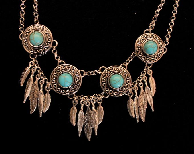 Turquoise Medallion and Feather Necklace Set; Turquoise Necklace Set