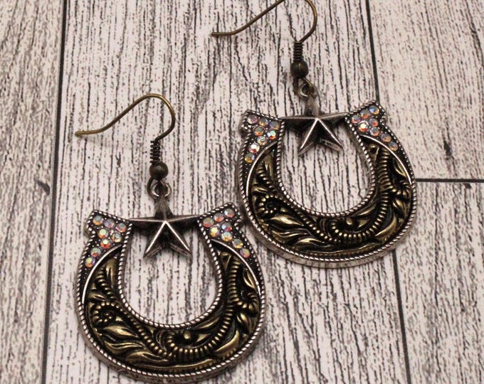 Horseshoe Earrings; Western Horseshoe with Star Earrings; Rhinestone Horseshoe with Star Earrings; Antique Bronze Horseshoe Earrings