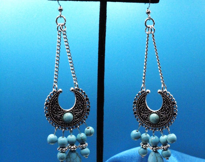 Western Turquoise Chandelier Earrings; Crescent Shape Western Earrings; Crescent Turquoise Chandelier Earrings; Western Style Earrings