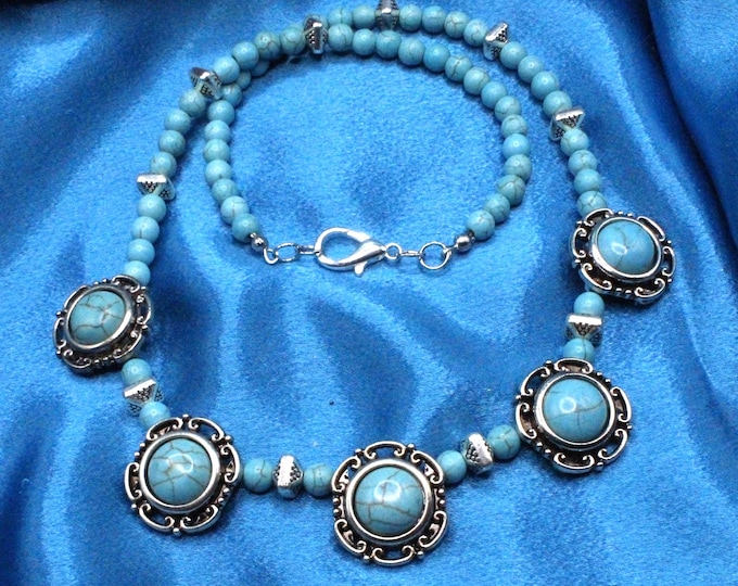 Turquoise Howlite Necklace Set; Silver and Howlite Necklace and Earrings; Southwestern Howlite Stone Necklace and Earrings