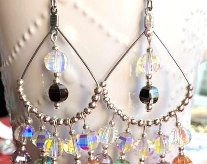 Chandelier Hoop Earrings; Crystal and Silver Hoop Earrings; MultiColor Crystal Chandelier Earrings