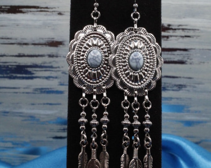 Concho Silver Chandelier Earrings; Oval Concho and Feather Earrings; Western Concho Earrings; Silver and Faux Turquoise Concho Earrings