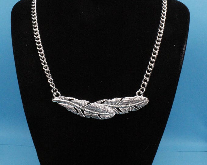 Antique Silver Pewter Feather Necklace, Curb Chain Clasp
