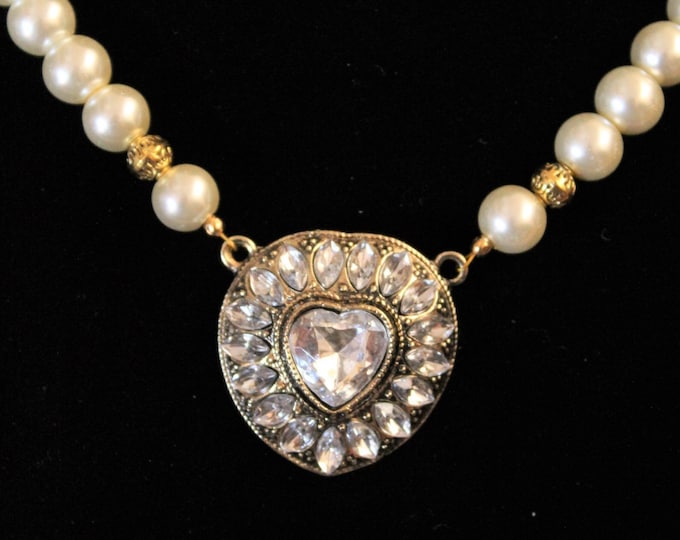 Gold Rhinestone Heart Pearl Necklace Set; Wedding Necklace Set; Cream Pearl Necklace Set; Valentine Gift