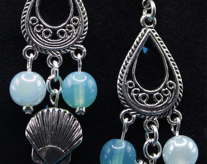 Silver Chandelier Earrings with Sea Creatures and Aqua Beads