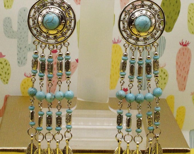 Chandelier Southwestern Earrings;  Turquoise Chandelier Earrings; 5-Dangle Drop Earrings; Medallion Chandelier Earrings with Feathers
