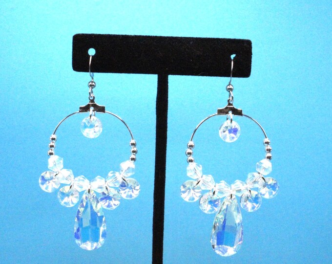 Round Hoop with Clear Crystals Earrings; Fancy Earrings with Clear Crystals; Round Chandelier Earrings with Dangle Crystals