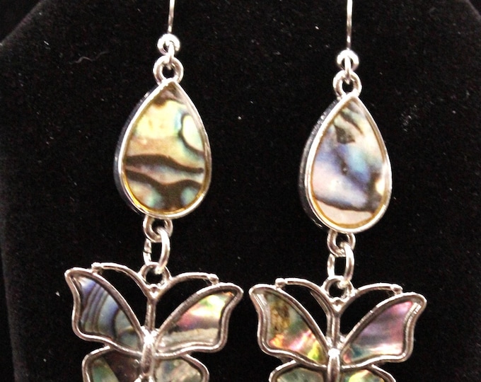 Butterfly Abalone Silver Earrings; Teardrop and Butterfly Abalone Dangle Earrings