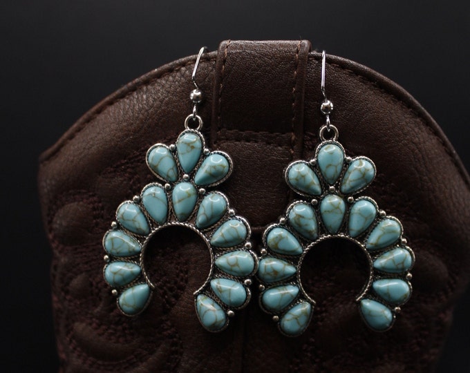 Squash Blossom Earrings; Blue Squash Blossom Western Style Earrings; Southwestern Style Earrings;