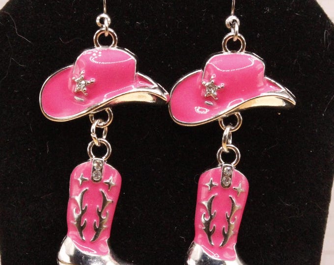 Cowgirl Hot Pink Hat and Boot Earrings; Western Pink Hat and Boot Earrings; Hot Pink and Silver Hat and Boot Earrings