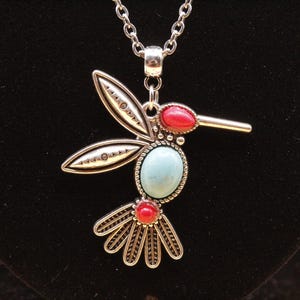 Hummingbird Indian Pendant Necklace; Southwestern Style Hummingbird Pendant Necklace; Red and Blue Hummingbird Pendant