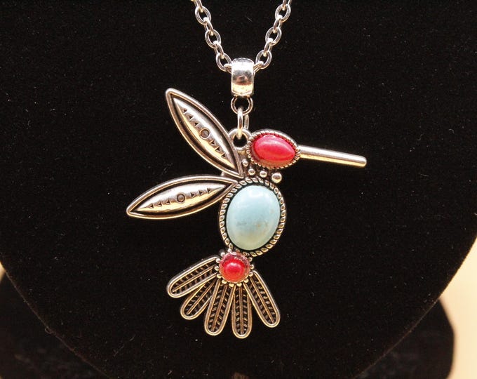 Hummingbird Indian Pendant Necklace; Southwestern Style Hummingbird Pendant Necklace; Red and Blue Hummingbird Pendant