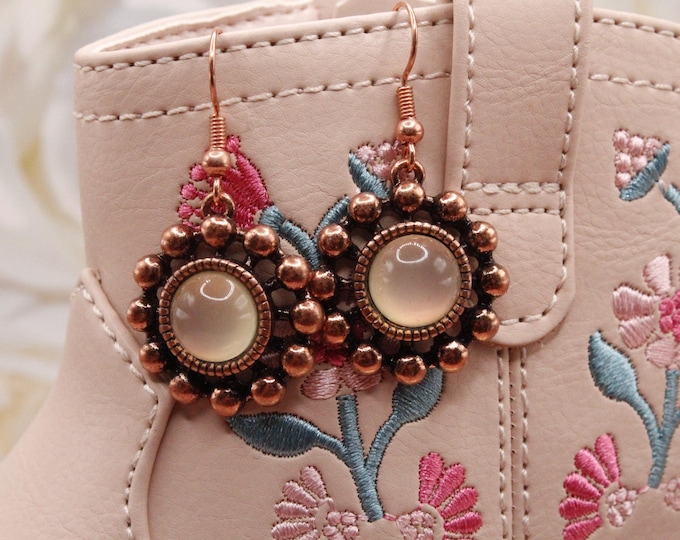 Southwestern Earrings; Round Cabochon Earrings; Copper Cabochon Earrings; Smoky Pink Earrings with Copper Accents
