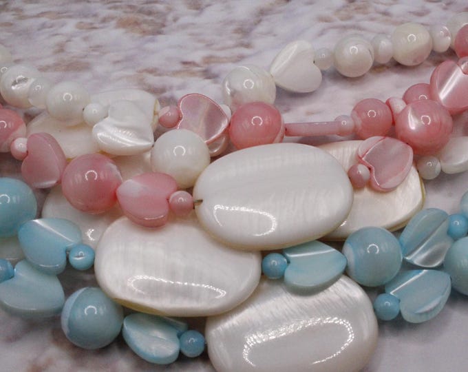 Mother of Pearl Necklace Collection; Colors include Pink Aqua Blue and White; Matching MOP earrings