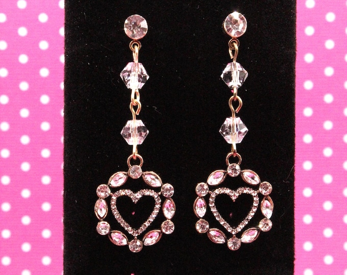 Heart Rhinestone Earrings; Rhinestones and Heart Earrings; Dangle Heart Earrings