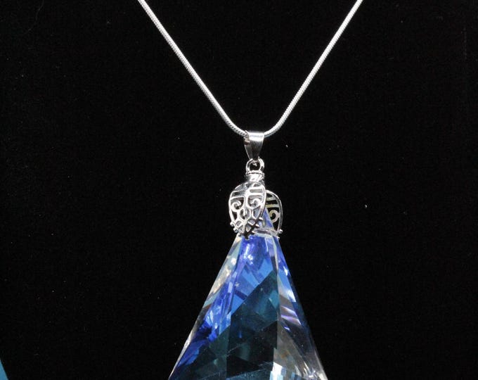 Large Long Diamond Glass Pendant Necklace; Faceted Teardrop Glass Pendant; Elongated Diamond Shape Glass Pendant Necklace;