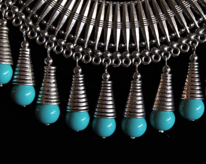 Silver Choker Necklace Set; Turquoise Color Stone Beads; Choker Necklace with Howlite Stone Beads