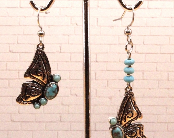 Western Style Butterfly Earrings; Howlite Blue Butterfly Earrings; Detailed Butterfly Earrings; Southwestern Butterfly Earrings