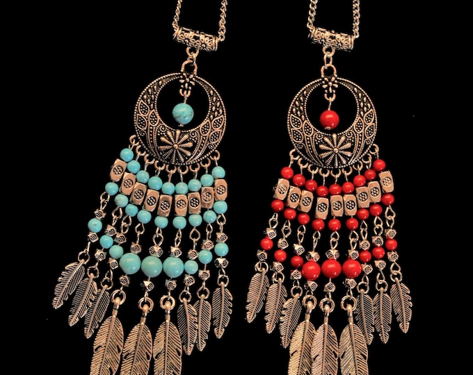 Flower Pendant With Feathers Necklace Set; Red Bead Pendant Set; Turquoise Bead Pendant Set