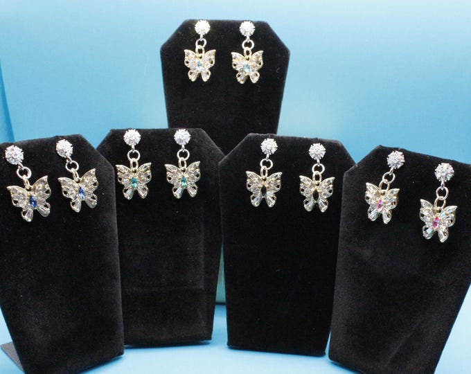 Rhinestone Butterfly Earrings; Rhinestone Butterfly Earrings with Rhinestone Posts; Several Colors to Select;