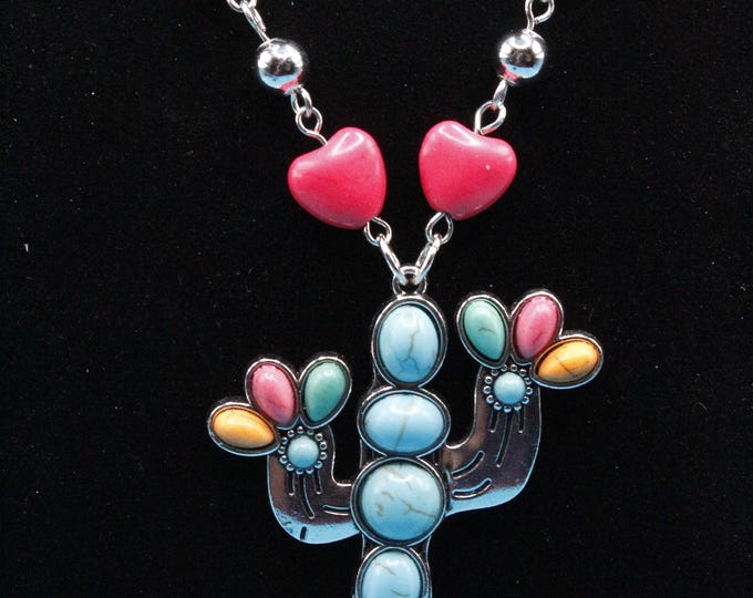 Colorful Saguaro Cactus Pendant Set; Cactus Pendant; Western Cactus Pendant Set; Howlite Stone Cactus Pendant Set