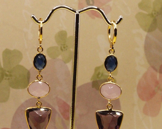 Amethyst Earrings; Crystal Amethyst Earrings; Arrowhead Shape Amethyst Earrings; 3 tier Amethyst Pink Chalcedony and Iolite Quartz Earrings