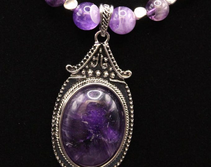 Purple Quartz Pendant Necklace Set; Amethyst Necklace Set; Silver and Amethyst Pendant Necklace Set; Oval Quartz and Amethyst Necklace Set
