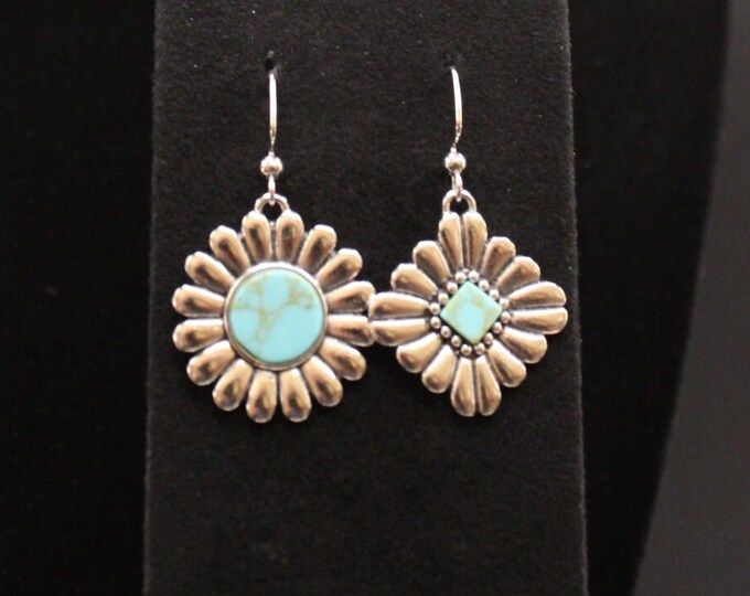 Round and Diamond Shape Earrings; Round Concho Turquoise Center Earrings; Diamond Concho Turquoise Center Earrings; Southwestern Style