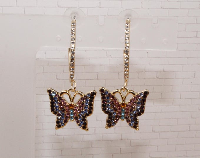 Rhinestone Butterfly Hoop Earrings; Butterfly Rhinestone and Hoops Earrings; Half Hoop with Dangling Butterfly Charm in Rhinestones