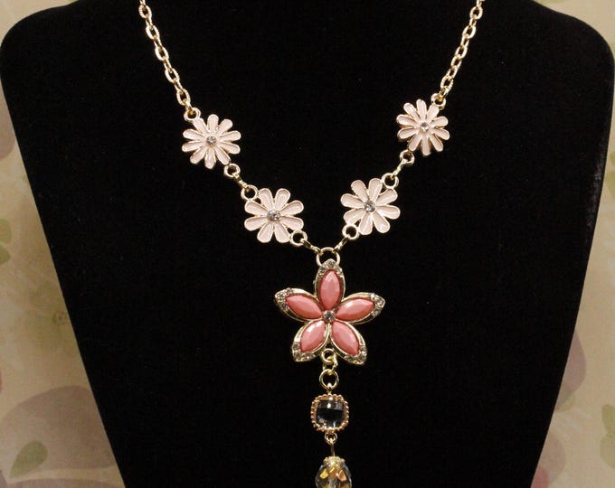 Daisy Flower Necklace Set; Pink and Coral Flower Dangle Necklace Set; Daisy Flowers Pendant Set; Mother's Day Gift
