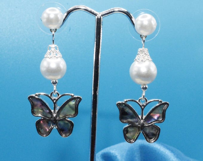 Abalone and Pearl Earrings; Abalone Butterfly Shape Earrings; Pearl and Butterfly Abalone Earrings; Beach Earrings; Summer Earrings