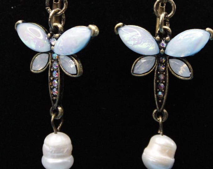 Dragonfly Earrings; Opal Dragonfly Earrings; Opal and Pearl Dragonfly Earrings;