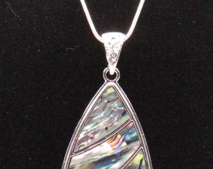 Natural Abalone Paua Teardrop Pendant Necklace; Abalone Teardrop Pendant; Abalone Teardrop with Silver Etching