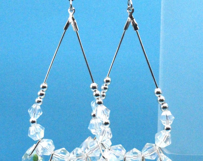 Teardrop Hoop with Clear Crystals Earrings; Fancy Earrings with Clear Crystals; Teardrop Chandelier Earrings with Dangle Crystals