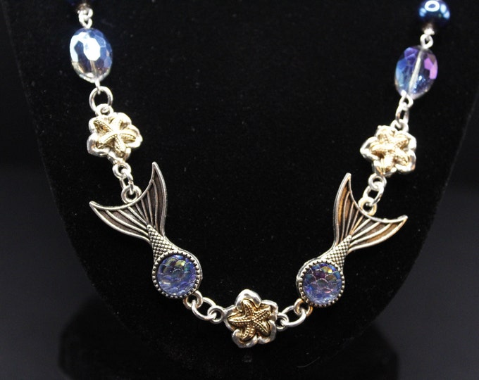 Mermaid Tail and Starfish Necklace Collection; Mermaid Tail Necklace Set; Starfish Necklace Set; Silver and Aqua Mermaid Tail Necklace