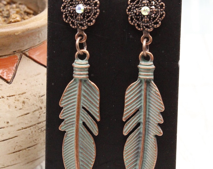 Southwestern Copper Patina Feather Earrings with Antique Filigree Lever Backs