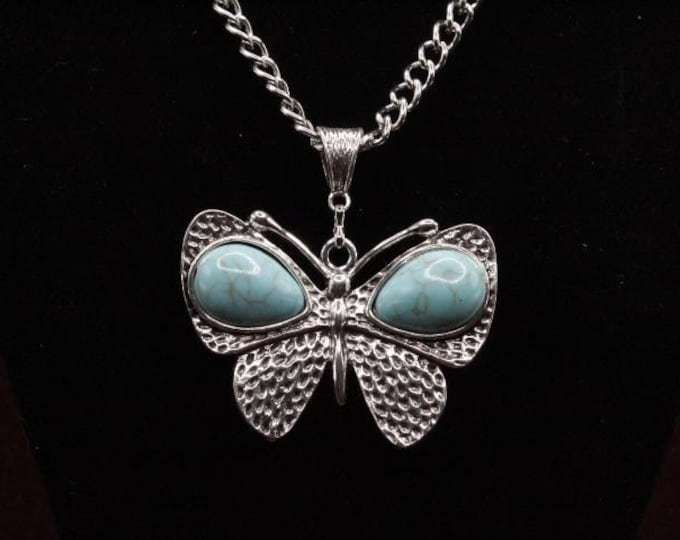 Butterfly Pendant Necklace; Turquoise Butterfly Pendant Necklace; Southwestern Butterfly Necklace; Cowboy Butterfly Turquoise Pendant