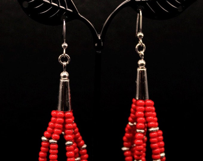 Red Bead Dangle Earring with Silver Cones; Red Southwestern Earrings; Red and Silver Dangle Earrings
