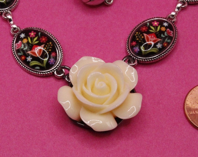 Ivory Rose Medallion Necklace, Bracelet, Earrings Set: Floral Jewelry